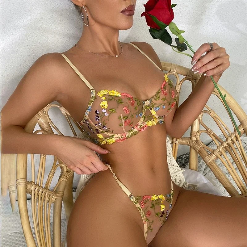 Floral Embroidered Print Erotic Lace Bra Underwear Set Transparent See Through Women's Sexy Lingerie Underwear Clothing Set
