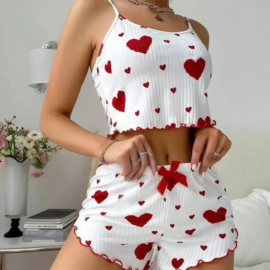 2PCS Love Printed Heart Print Cami Top and Shorts Sleepwear Set Sexy Women Pajamas