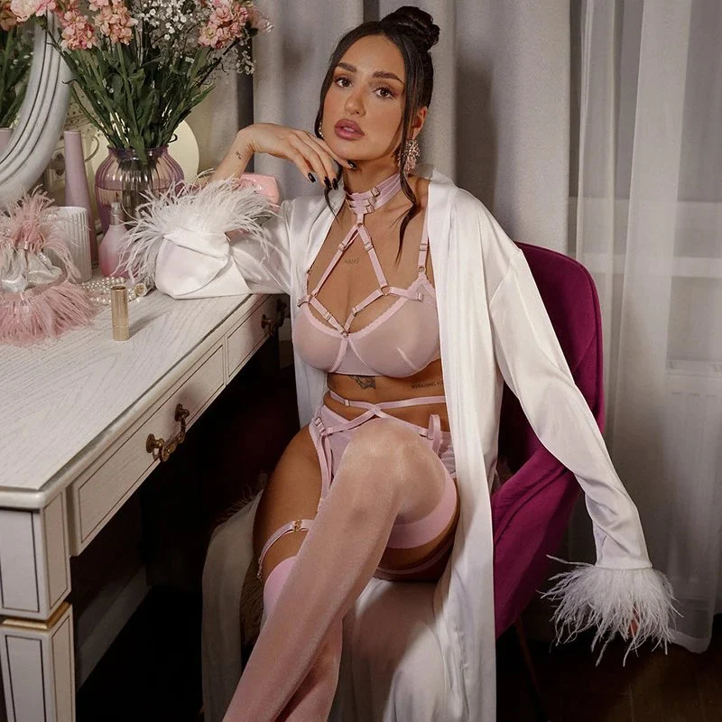 Mesh See-Through Pink Necklace Ladies Sexy Lingerie Pajama Set Women Luxury Transparent Fancy Body Shaping Underwear