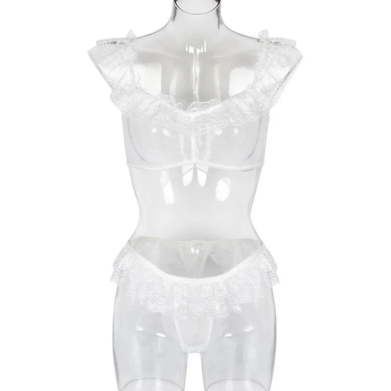 Valentine's Day Mesh Polyester Fiber Transparent Lace Babydoll Women White Erotic Lingerie Sexy Woman Underwear Bra Brief Sets