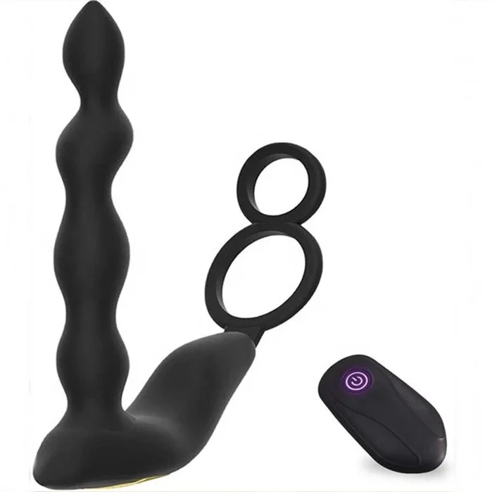 Silicone Wireless Remote Control 10-Frequency Anal Plug Double Penis Ring With Prostate Massage Vibrator for Men