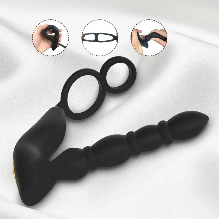 3-in-1 Male Sex Toys Remote Control 10-Frequency Vibrating Anal Plug Dual Cock Ring with Prostate Massage Feature Made Silicone
