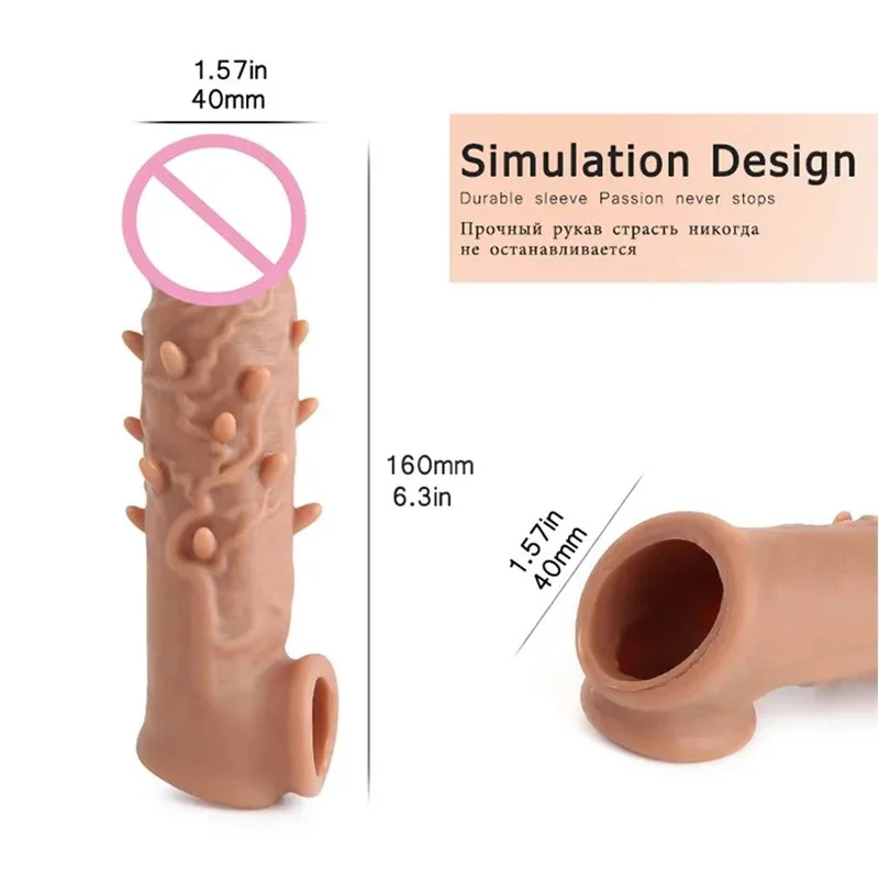 Penis Sleeve Realistic Latex Extension Penis Extender Vibrator with 10 Frequencies Strap-On Hollow Dildo Sex Toy for Men