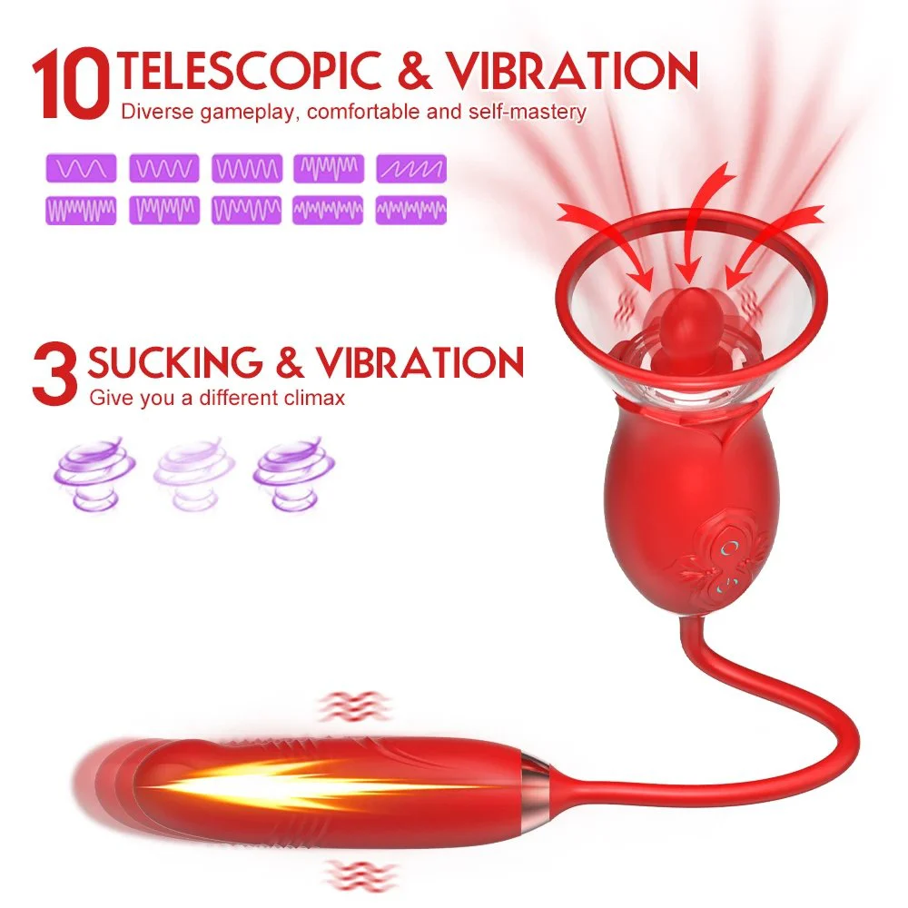 2 in 1 Silicone Red Rose Sucking Vibrator Sex Toy With Tongue for Women Couple