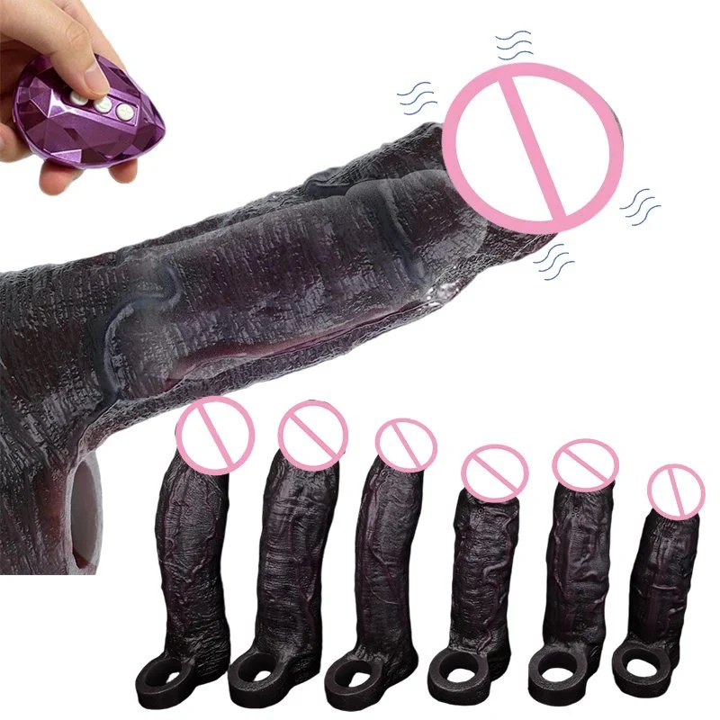Distribution Lifelike Black Penis Sleeve With Vibration Function Flexible Male Cock Extender Couples Sex Toys