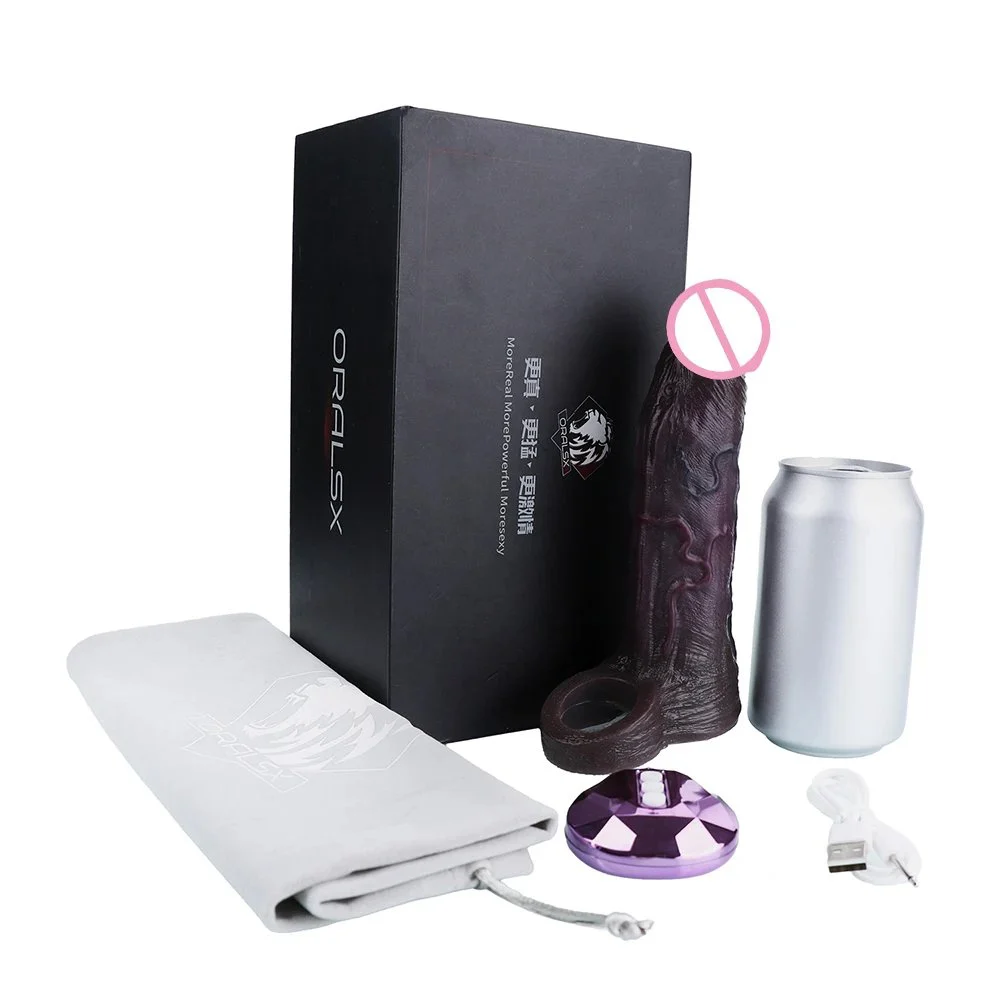 Black Obsidian Soft Silicone Vibrating Penis Extension Sleeve Closed Tip Wearable Enhancer Realistic Design