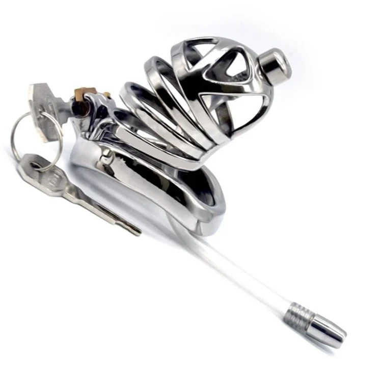 60mm 304 Stainless Steel Cock Cage Penis Cage Curved Ring Chastity Cage Male Chastity Device with Catheter