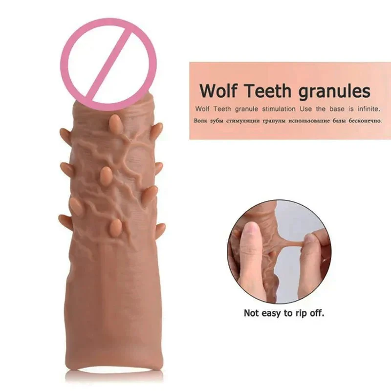 Penis Sleeve Realistic Latex Extension Penis Extender Vibrator with 10 Frequencies Strap-On Hollow Dildo Sex Toy for Men