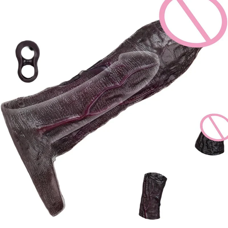 Black Penis Extender Silicone Soft Cock Ring Cock Sheath for Men Delay Ejaculation Reusable Condom Sex Toy for Couple