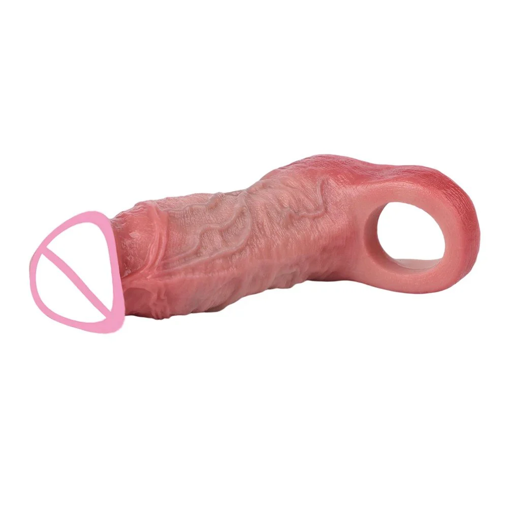 Hollow wearable male penis extender made of safe silicone with internal protrusions for a realistic experience