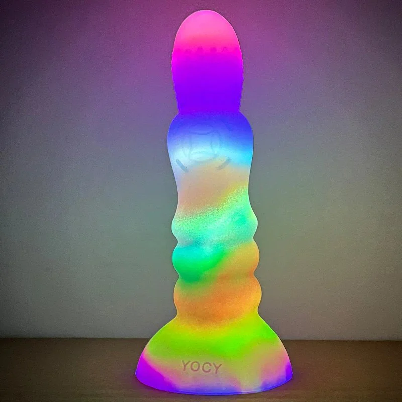 8 Inch Long Luminous Alien Dildo Soft Silicone Colorful Gorgeous Glow in Dark Dildo for Women Concave Penis