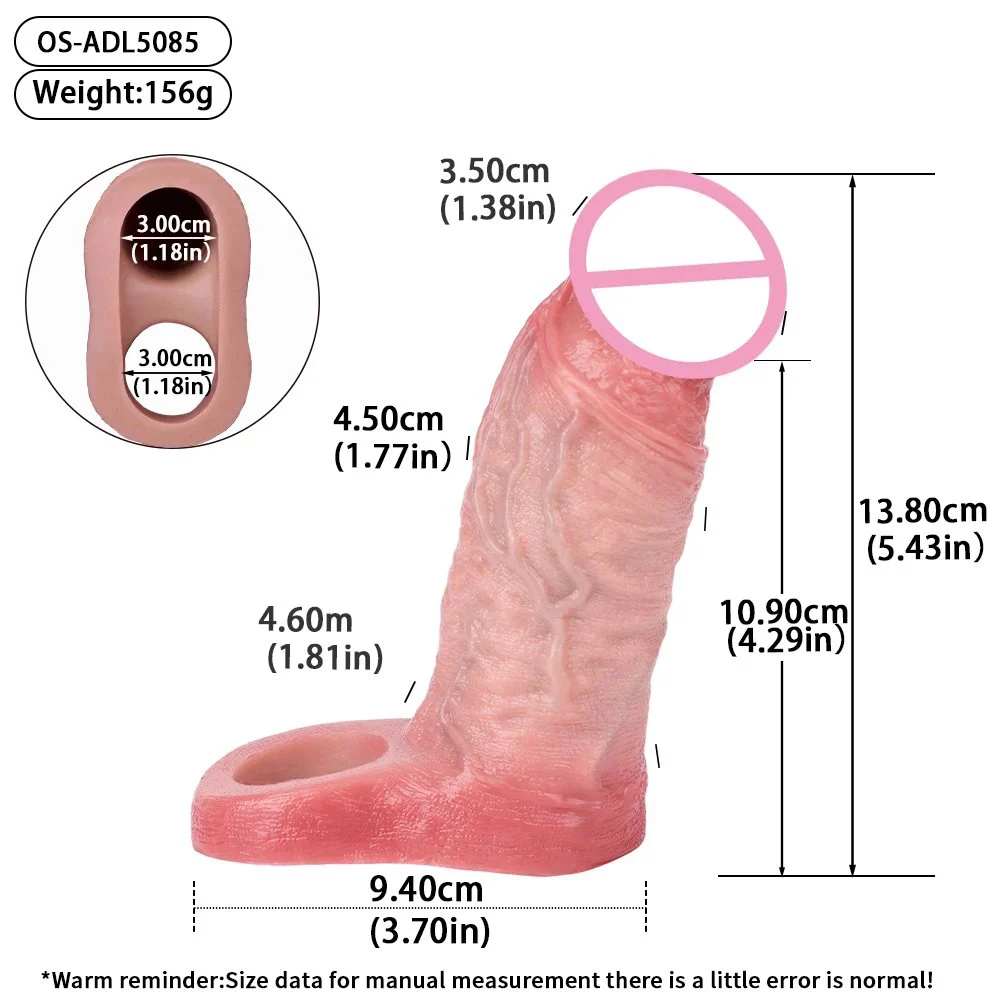 Hollow wearable male penis extender made of safe silicone with internal protrusions for a realistic experience