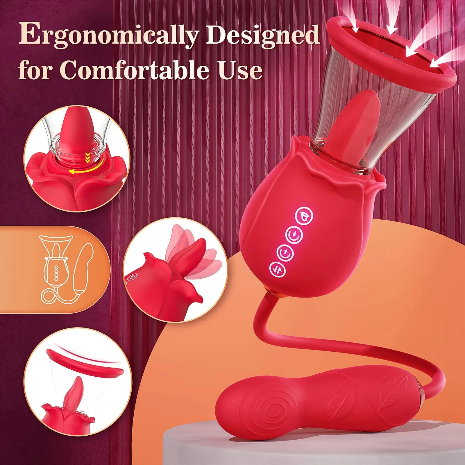 3 in 1 Upgraded Rose Sex Stimulator 7 Tongue Licking and 3 Thrusting Vibrator Dildo G Spot Clitoral Nipple Stimulator