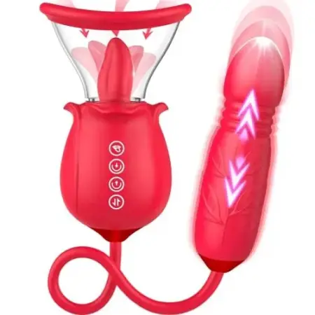 3 in 1 Upgraded Rose Sex Stimulator 7 Tongue Licking and 3 Thrusting Vibrator Dildo G Spot Clitoral Nipple Stimulator