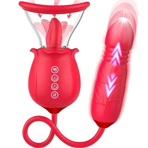 3 in 1 Upgraded Rose Sex Stimulator 7 Tongue Licking and 3 Thrusting Vibrator Dildo G Spot Clitoral Nipple Stimulator