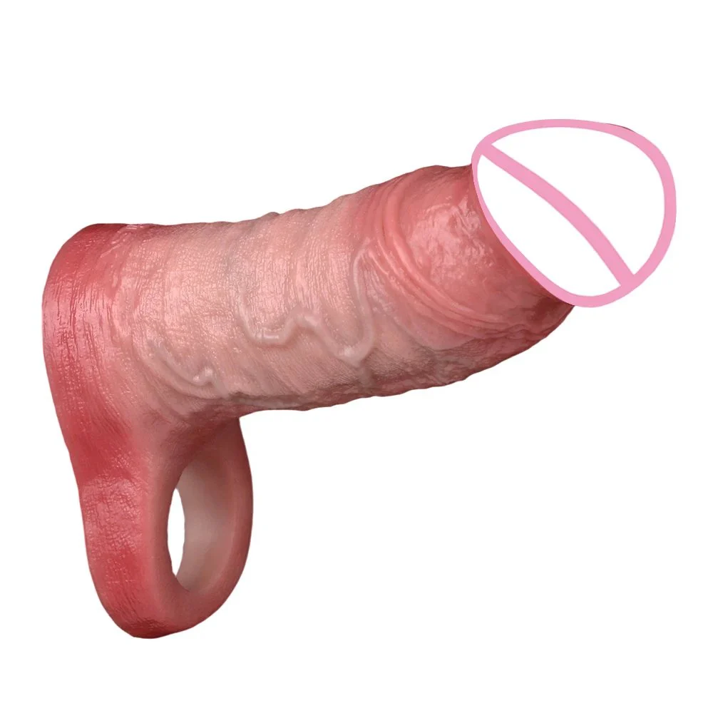 Hollow wearable male penis extender made of safe silicone with internal protrusions for a realistic experience