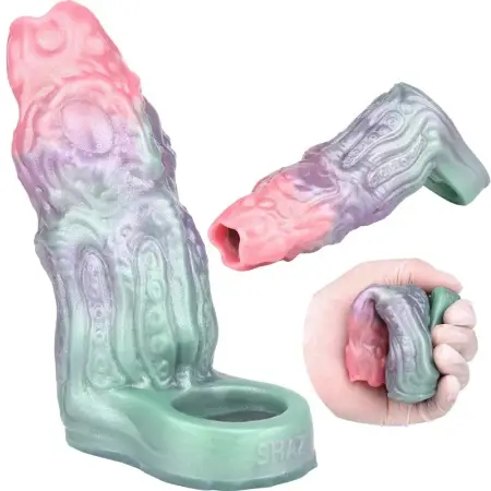 Male Sex Toy Reusable Penis Sleeve Cock Enlarger, Silicone Open-Ended Penis Extender Realistic Texture with Cock Ring Sex