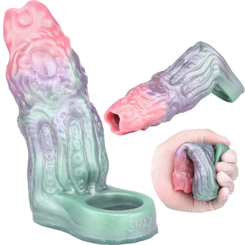Male Sex Toy Reusable Penis Sleeve Cock Enlarger, Silicone Open-Ended Penis Extender Realistic Texture with Cock Ring Sex