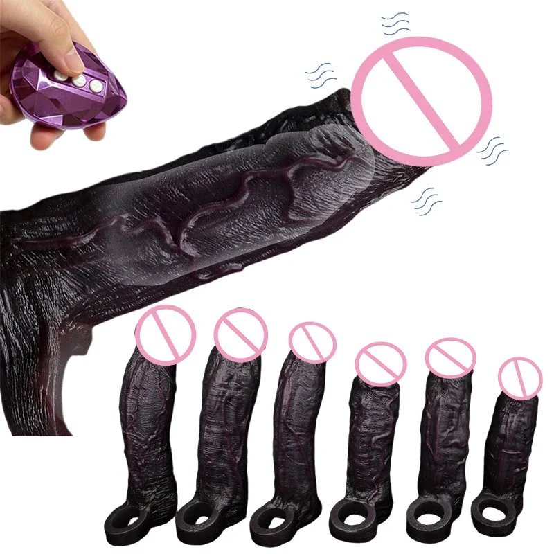 Black Vibrating Penis Enlargement Sleeve Supplier Adult Sex Toys10 Speed Vibration Male Dick Extend