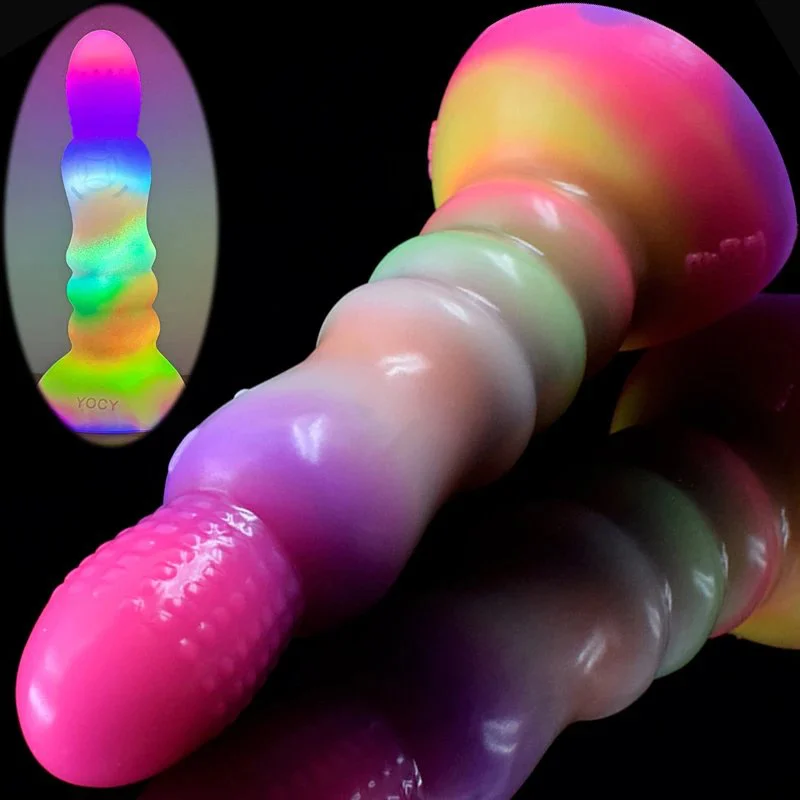 8 Inch Long Luminous Alien Dildo Soft Silicone Colorful Gorgeous Glow in Dark Dildo for Women Concave Penis