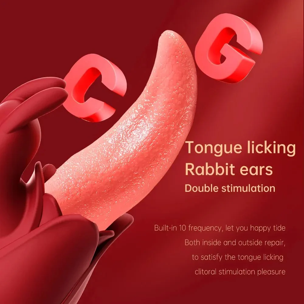 2 in 1 Tongue Licking Sucking Rabbit Vibrator Dildo Clitoris Licking Vibrator Thrusting Adult Toys for Women