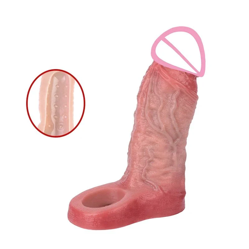 Hollow wearable male penis extender made of safe silicone with internal protrusions for a realistic experience