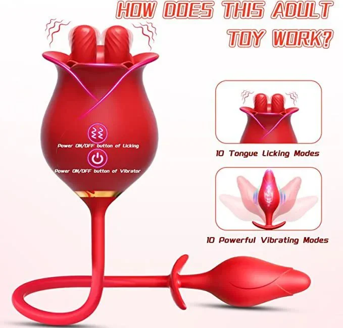 Electric Tongue Licking Vibrator Rose Sex Toys for Woman Rechargeable 2 in 1 Anal Plug Vibrator