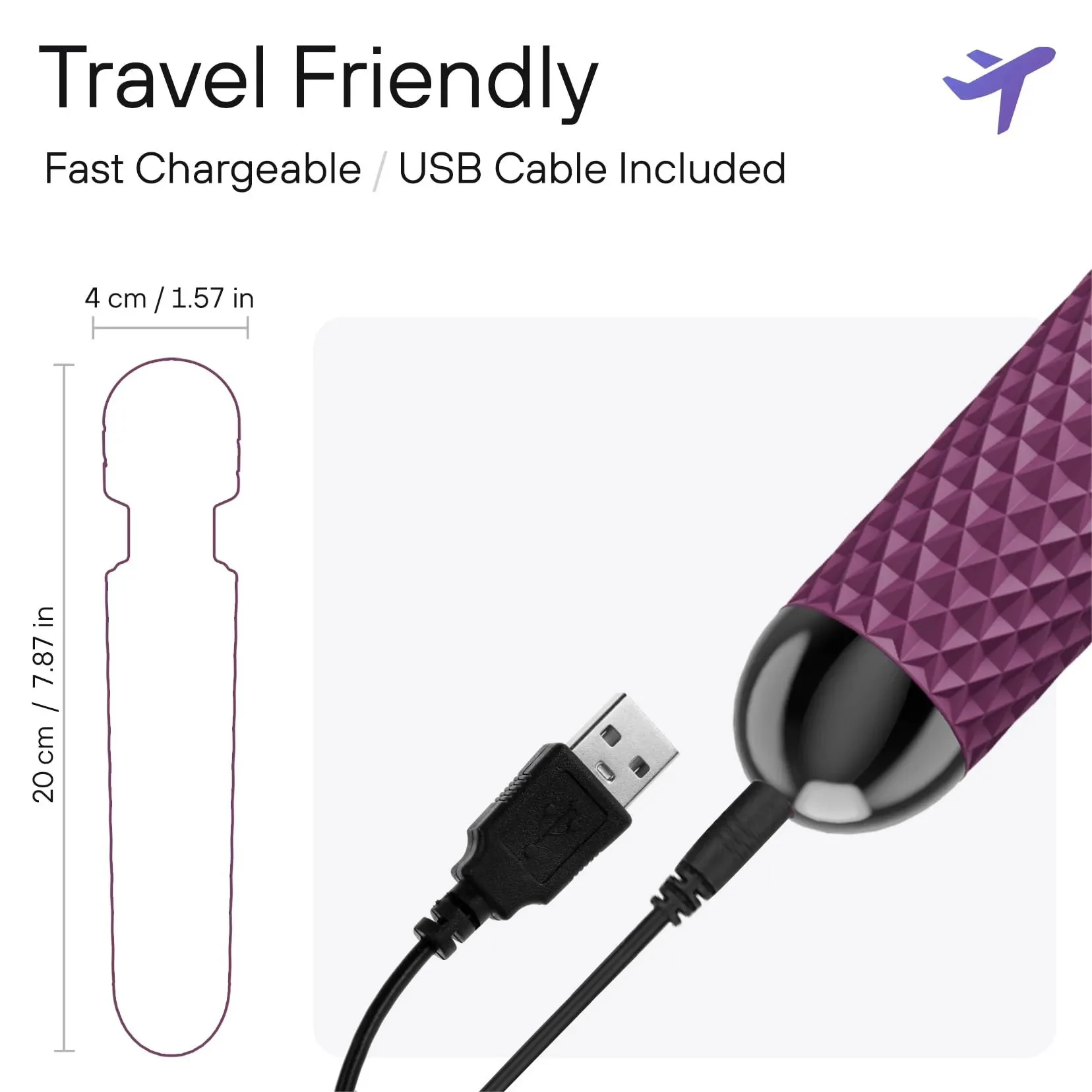Cordless Personal Massage Wand Waterproof USB Rechargeable Skin-Soft Silicone 20 Vibration Patterns 8 Speed Settings