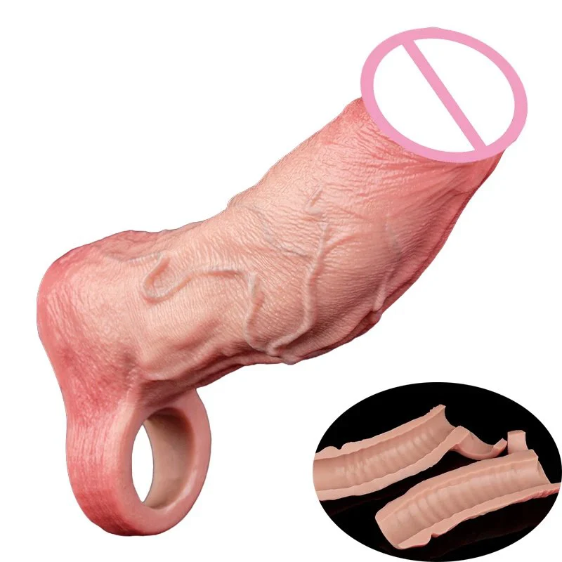 Penis Sleeve Cover Penis Ring Delay Ejaculation Silicone Inner Thread Design Penis Sleeve for Men Enlargement Sex Toy for Men