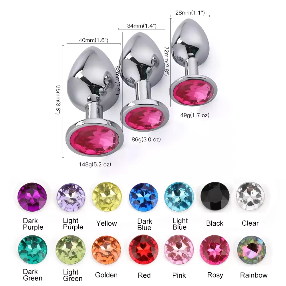 Stainless Steel Anal Sex Toys Silver with Different Color Diamond Jewel Metal Butt Plug