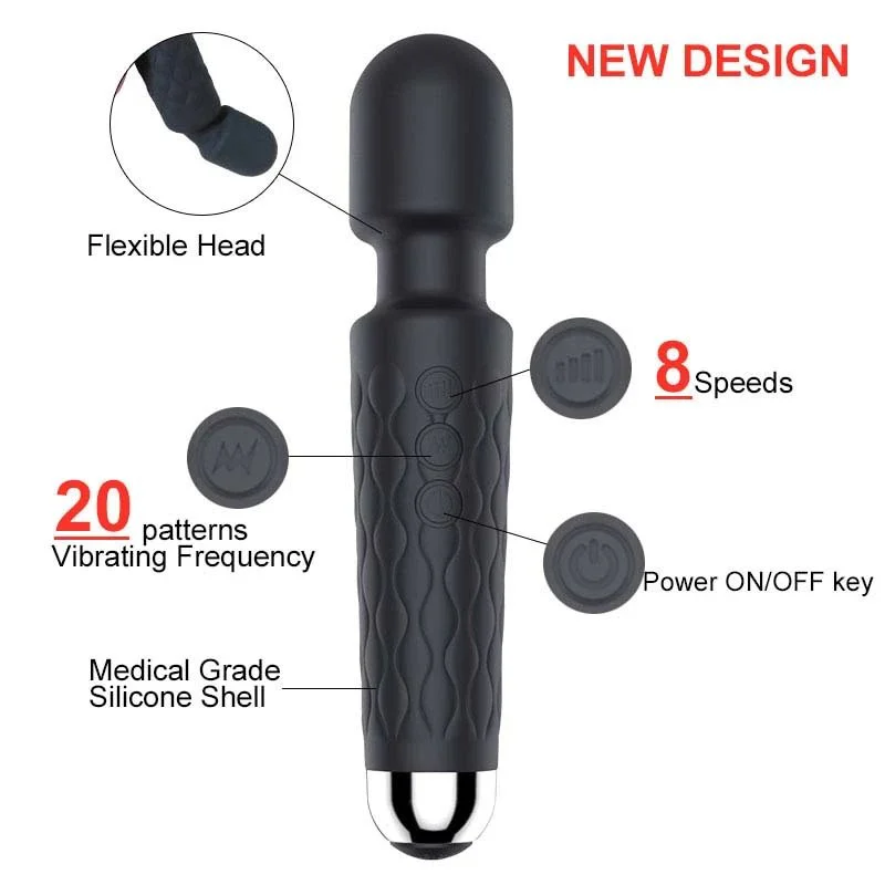 8 Speed 20 Frequency Silicone Wand Massager Waterproof Magic Personal Vibrator