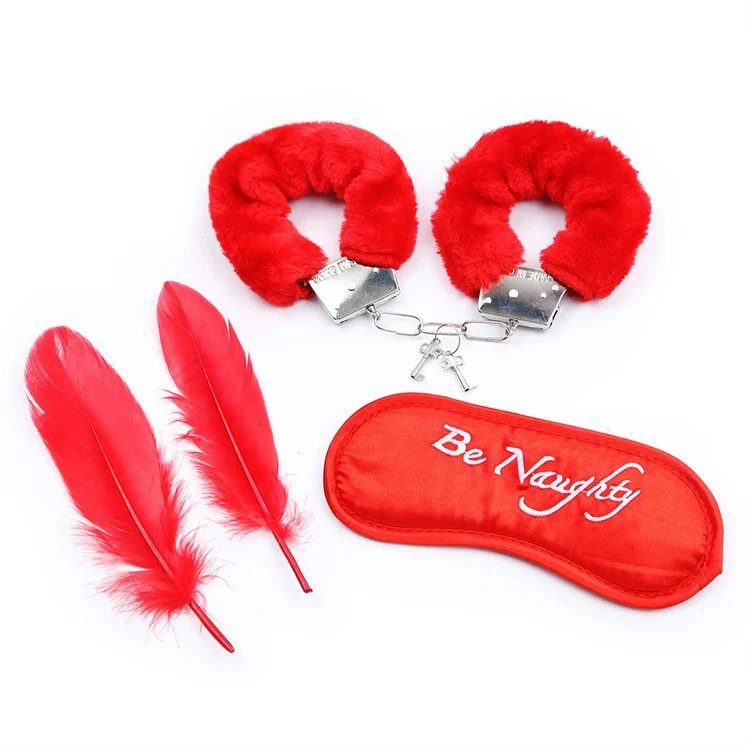 3PCS Bondage Set Feather Tickler Sex Toys Plush Handcuffs Eye Mask