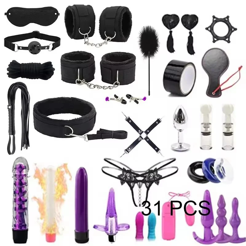 47PCS Sex Bondage Kits Handcuffs Nipple Clamps Whip Spanking Anal Plug Vibrator Butt SM Product Sex Toys for Women Men