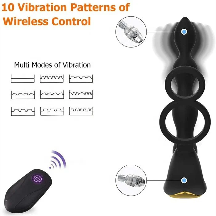 Silicone Wireless Remote Control 10-Frequency Anal Plug Double Penis Ring With Prostate Massage Vibrator for Men