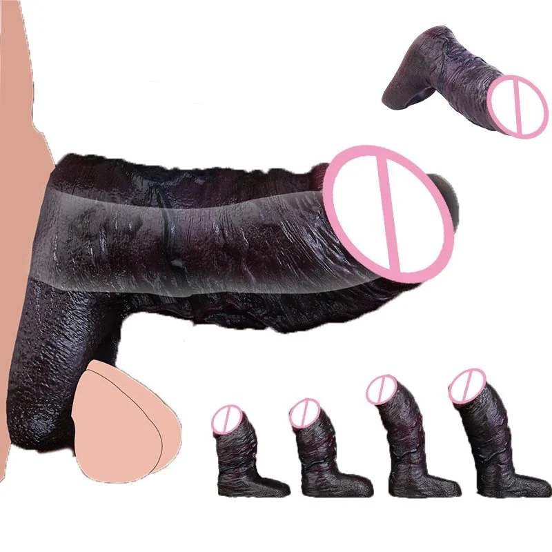 Penis Enhancer Sheath S M L XL Size Black Penis Sleeve Set Silicone Cock Extenders with Cock Rings Men Sex Toys