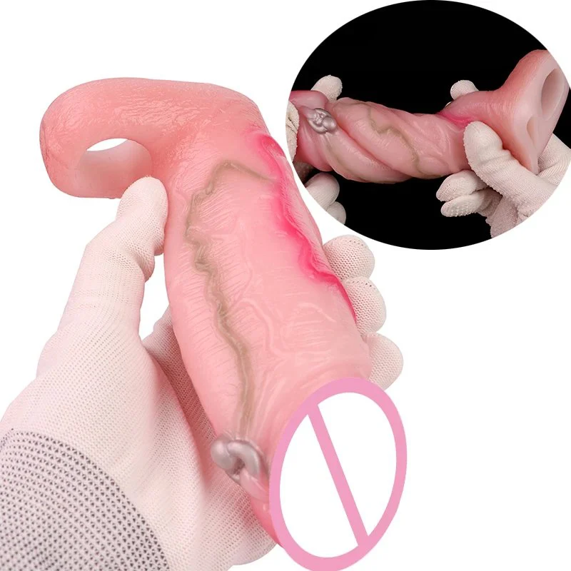 Pinkish White Penis Enlargement Condom Reusable Wearable Penis Sleeve Dildo Enhancer Sleeves Adults Sex Dick Sleeve for Men