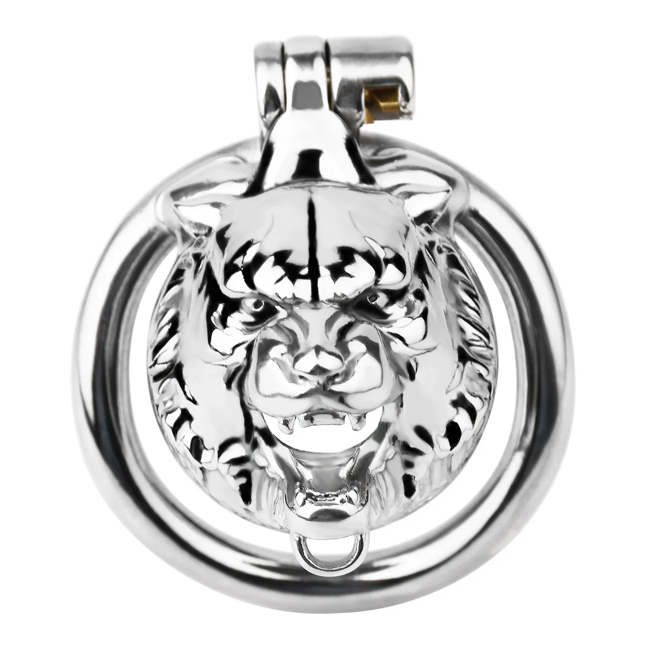 Tiger Head Male Chastity Cage, Silver Metal Cock Cage for Adult BDSM Play
