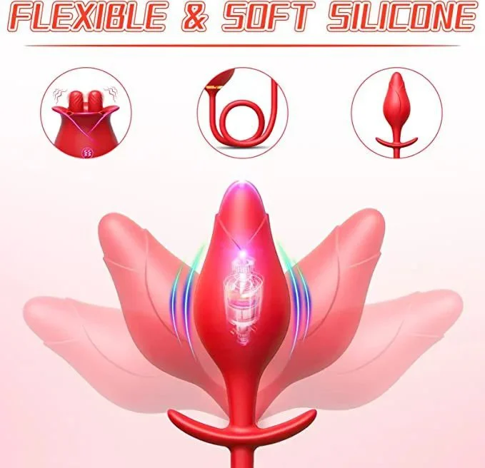 Electric Tongue Licking Vibrator Rose Sex Toys for Woman Rechargeable 2 in 1 Anal Plug Vibrator
