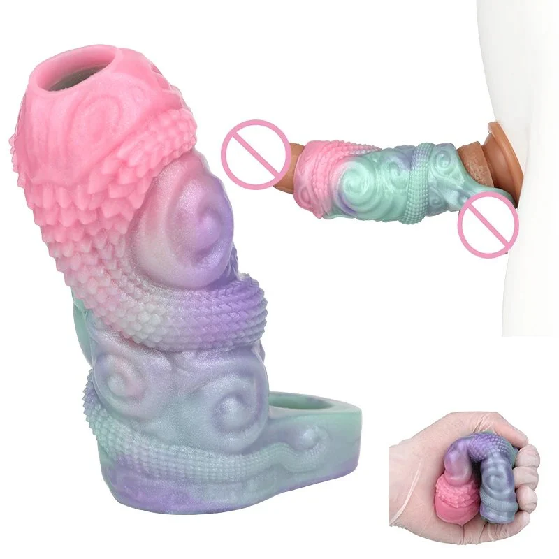 Monster Penis Sleeve Extender Sex Toys for Men Reusable Liquid Silicone Cock Sleeve Extension with Cock Ring Male Sex Toy