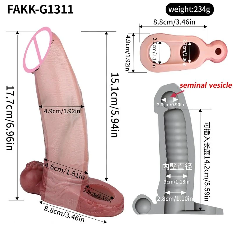 Silicone Realistic Animal Dildo Sheath Male Penis Sleeve with Seminal Vesicle for Men Delay Ejaculation Couple Sex Product