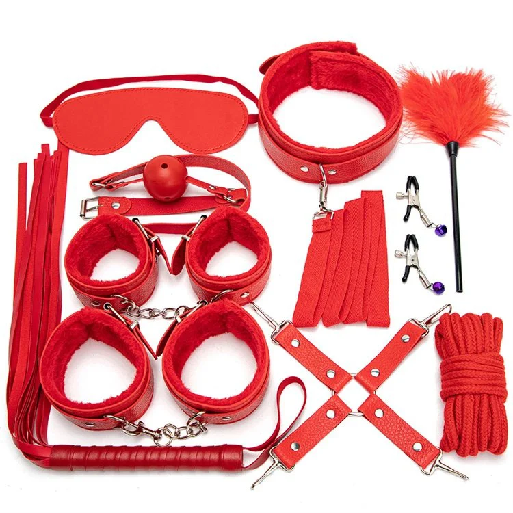 Ankle Wrist Cuff Eye Mask Blindfold Ball Gag Whip Feather Tickler PU Leather Bondage Set 10pcs Restraints Kit