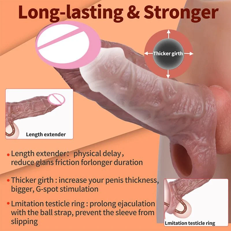 Silicone Realistic Penis Sleeve With Cock Ring Male Dick Delayed Ejaculation Textured Condom for Men Penis Enlarger