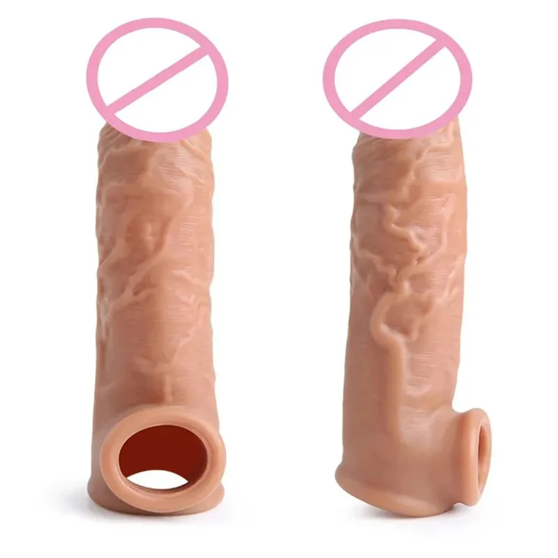 Penis Sleeve Realistic Latex Extension Penis Extender Vibrator with 10 Frequencies Strap-On Hollow Dildo Sex Toy for Men
