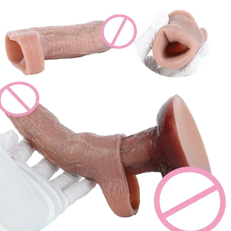 Realistic Penis Sleeve Extender Silicone Lifelike Cock Ring Sheath for Men Delay Ejaculation Reusable Condom Sex