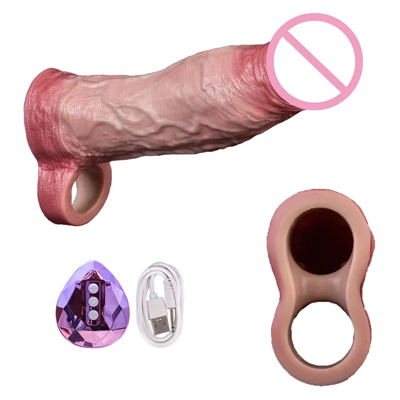 Silicone Easy to Wear Vibrating Male Penis Extender Experience Realistic Phallic Condom Suitable for Male Sex Toys