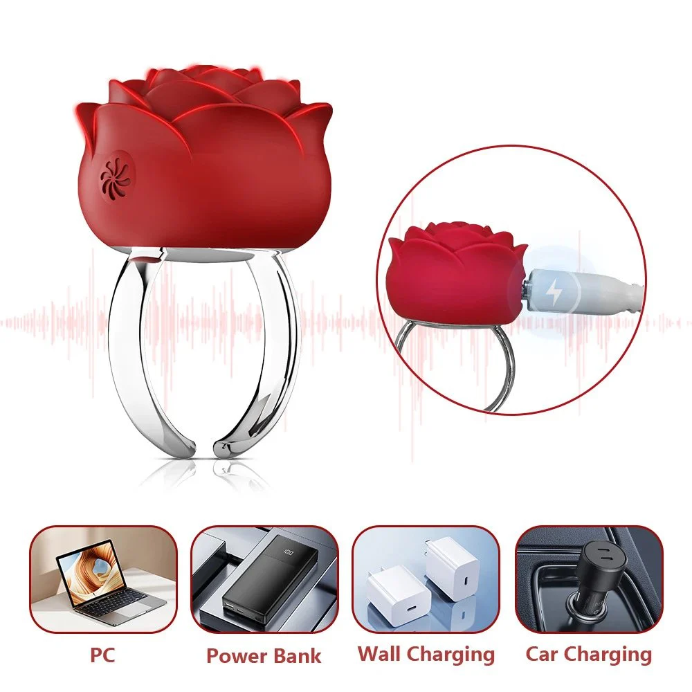 USB Power10 Modes Rose Clitoral Nipple Stimulation Sex Vibrating Finger Ring Vibrator Sex Toys