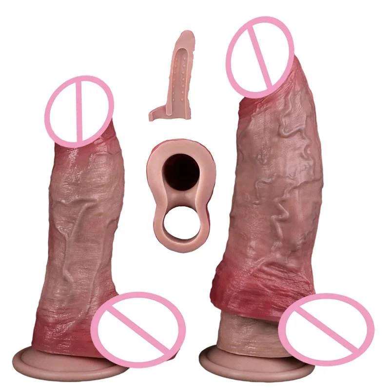 Silicone Realistic Hollow Dildo Penis Sleeve Ring Delay Ejaculation Condom Sex Toy for Men Cock Sheath Enlargement Extender