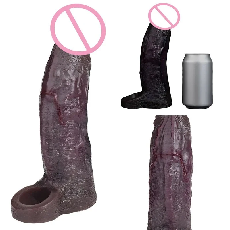 Super Soft Realistic Black Penis Sleeve Cock Ring Male Dick Enlargement Sex Toys Reusable Hollow Dildo Condom