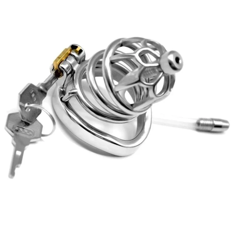 60mm 304 Stainless Steel Sm Sex Toys Penis Cage with Keyholder Male Chastity Device with Catheter Curved Ring Chastity Cage