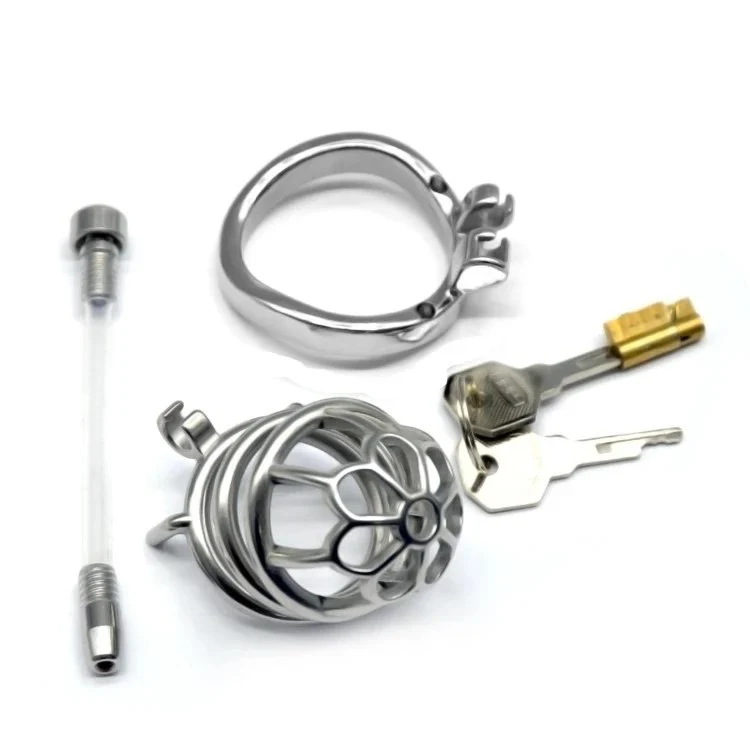 60mm 304 Stainless Steel Sm Sex Toys Penis Cage with Keyholder Male Chastity Device with Catheter Curved Ring Chastity Cage